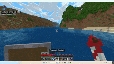 a screenshot of a minecraft game shows a firework rocket in the water
