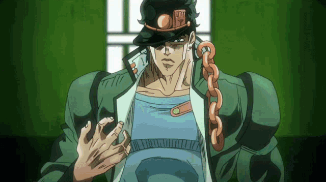 a cartoon character with a hat and a chain around his neck