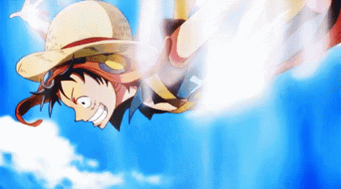 monkey d luffy from one piece is flying through the air with a straw hat on .
