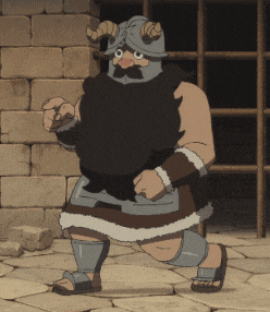 a cartoon of a man with a beard wearing a helmet with horns