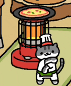 a cartoon cat wearing a hat with the letter m on it is standing next to a heater .
