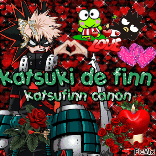 a picture of katsuki de finn from my hero academia surrounded by hearts and roses