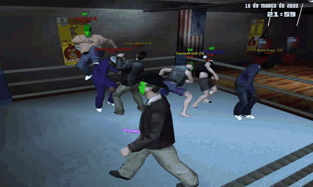 a group of people are fighting in a boxing ring with the time 21 59