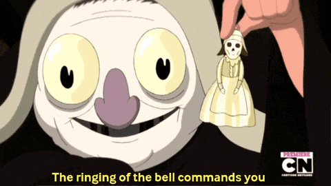 a cartoon character holding a bell with the words " the ringing of the bell commands you "