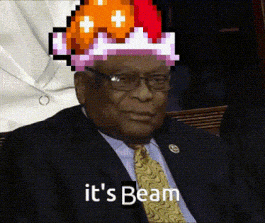 a man in a suit and tie is wearing a hat that says it 's beam on it .