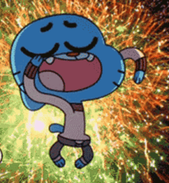 gumball from the amazing world of gumball is dancing in front of a fireworks display
