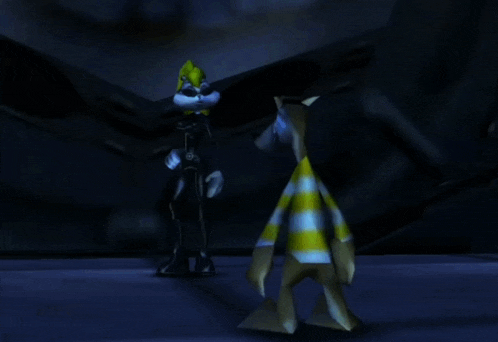 a couple of cartoon characters standing next to each other in a dark room