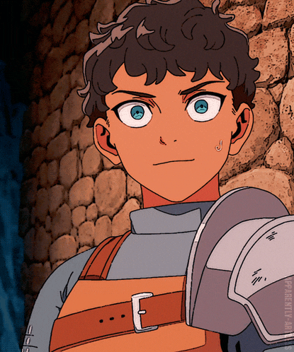 a cartoon drawing of a man with blue eyes and a belt around his waist with the letter e on it