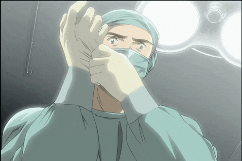 a cartoon of a surgeon putting on his gloves in an operating room