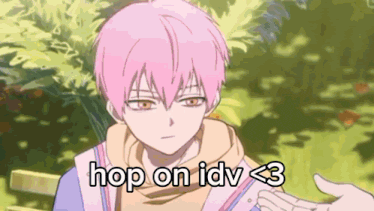 a cartoon character with pink hair and the words hop on idv < 3 on the bottom