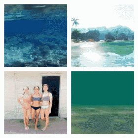 a collage of four pictures shows a woman in a bikini standing in front of a door