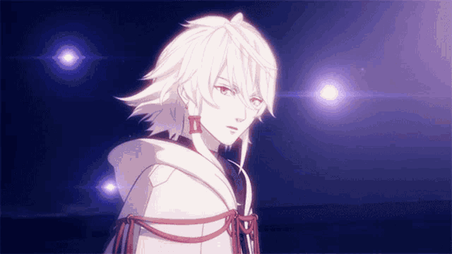 a cartoon character with white hair and red ribbons around his neck