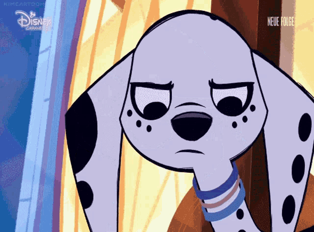 a dalmatian dog with a sad look on his face is on a disney channel advertisement