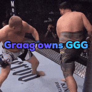 two men in a boxing ring with the words grag owns ggg written on the bottom