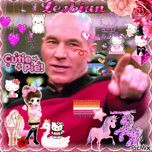 a picture of a man surrounded by hello kitty and ponies with the caption " lesbian "