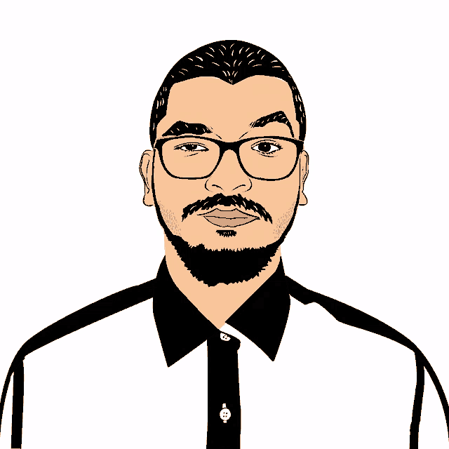 a man with a beard wearing glasses and a black and white shirt