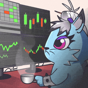 a cartoon drawing of a cat holding a cup in front of a computer monitor