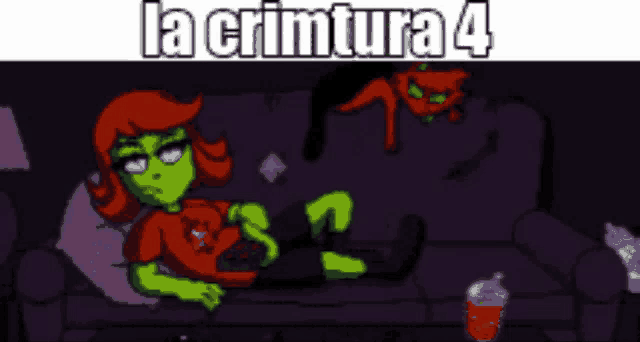 a cartoon of a girl laying on a couch with the words la crimtura 4