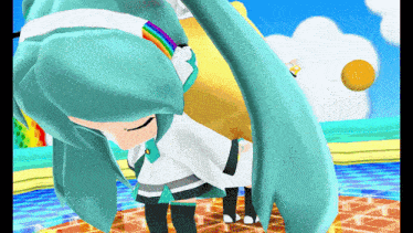 a cartoon character with a rainbow in her hair is standing on a brick floor