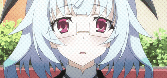 a close up of a anime girl with glasses and pink eyes
