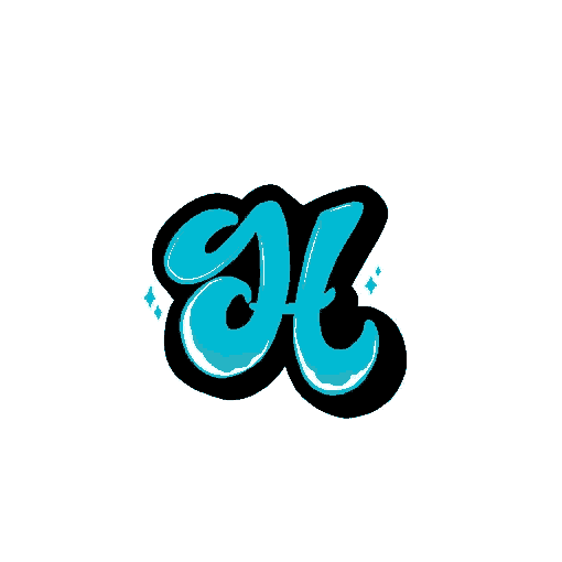 a blue letter h with a black outline