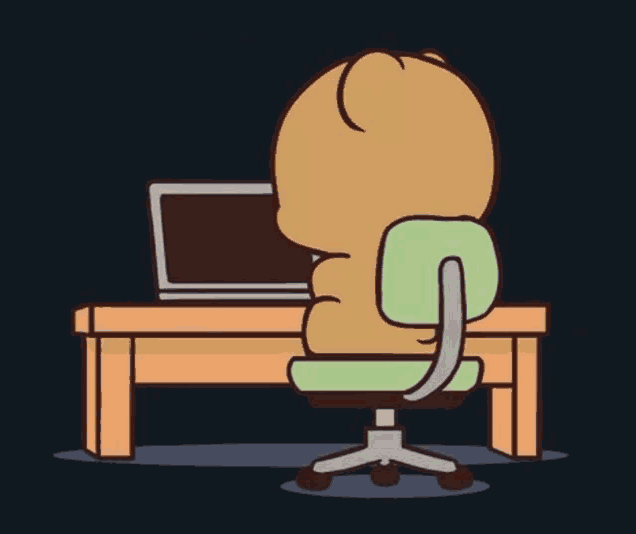 a cartoon character is sitting at a desk with a laptop