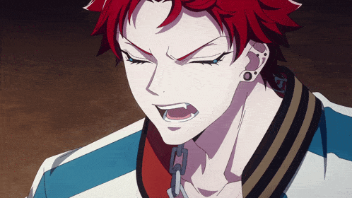 a close up of a person with red hair and a chain around their neck