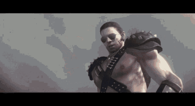 a shirtless man wearing sunglasses and a leather armor stands in front of a cloudy sky