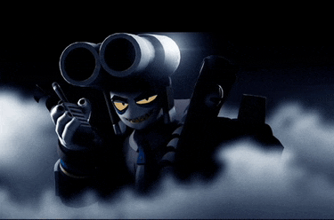 a cartoon character is holding a gun in a foggy area