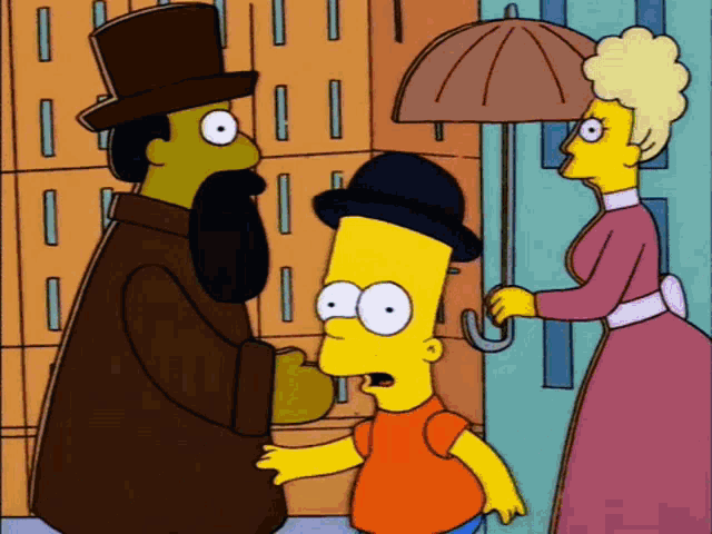 bart simpson is talking to a man in a top hat