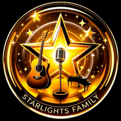 a logo for the starlights family shows a guitar and a microphone