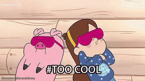 a cartoon of a pig and a girl taking a picture with the words #too cool below them