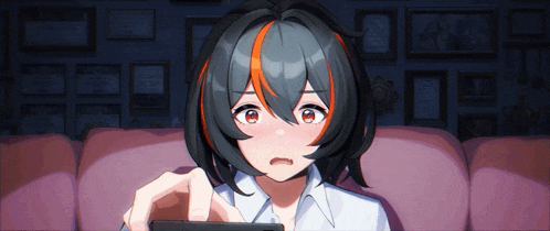 a girl with black hair and red stripes is looking at a phone