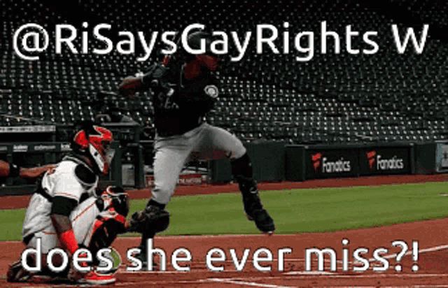 a picture of a baseball game with a caption that says " does she ever miss ? "