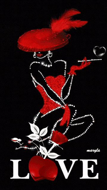 a drawing of a woman in a red dress with the word love underneath