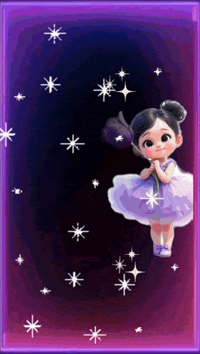 a little girl in a purple dress holds a flower