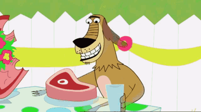 a cartoon dog is sitting at a table with a piece of meat and a glass of water