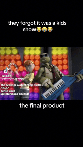 a teenage mutant ninja turtle is holding a keyboard and a tambourine .
