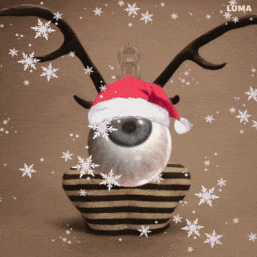 an eye wearing a santa hat with the luma logo in the background
