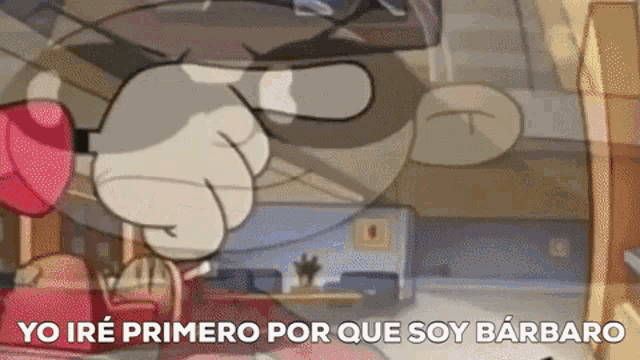 a cartoon character is talking on a phone with the words yo ire primero por que soy barbaro written below him