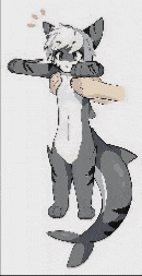 a pixel art of a cat with a shark tail on a pillow