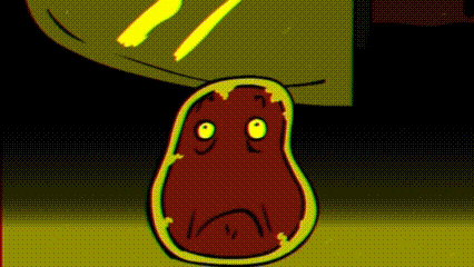 a cartoon of a potato with a sad face and a clock in the background .