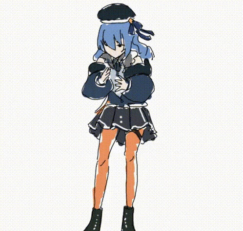 a drawing of a girl with blue hair and a black hat
