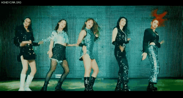 a group of women are standing next to each other and dancing in front of a fence .