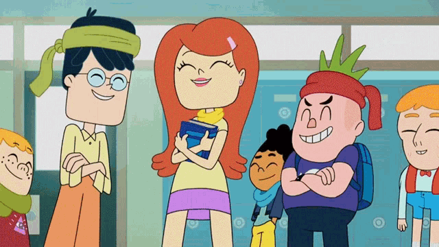 a group of cartoon characters are standing in front of lockers and one of them has a mohawk