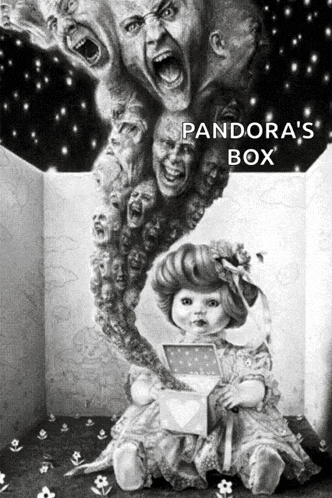 a poster for pandora 's box shows a doll and a bunch of faces