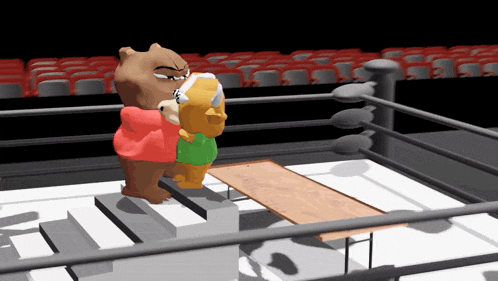 a cartoon of two bears standing on stairs in a wrestling ring