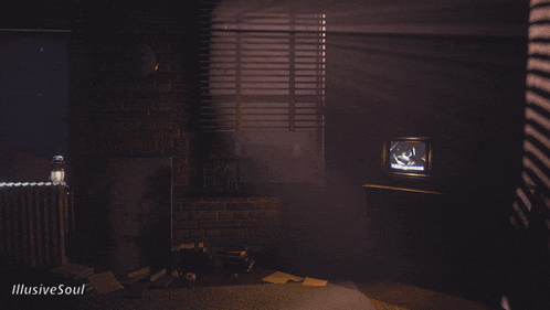 a dark room with a tv and a sign that says illusive soul on the bottom
