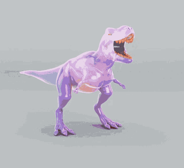 a 3d rendering of a purple dinosaur with orange bubbles coming out of it 's mouth
