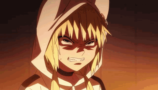 a blonde anime character with a hoodie on making a very angry face